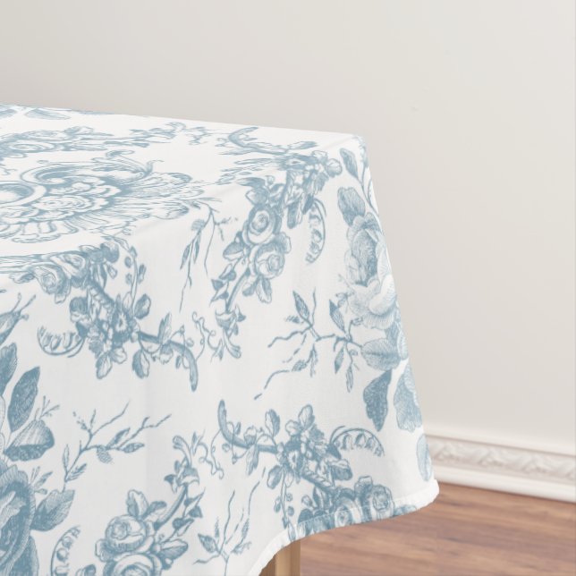 Elegant Engraved Blue and White Floral Toile Tablecloth (In Situ)
