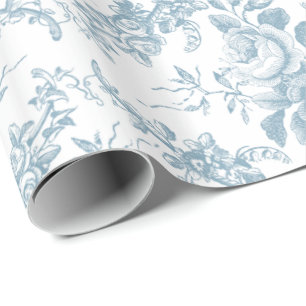 Elegant Engraved Blue and White Floral Toile Wrapping Paper