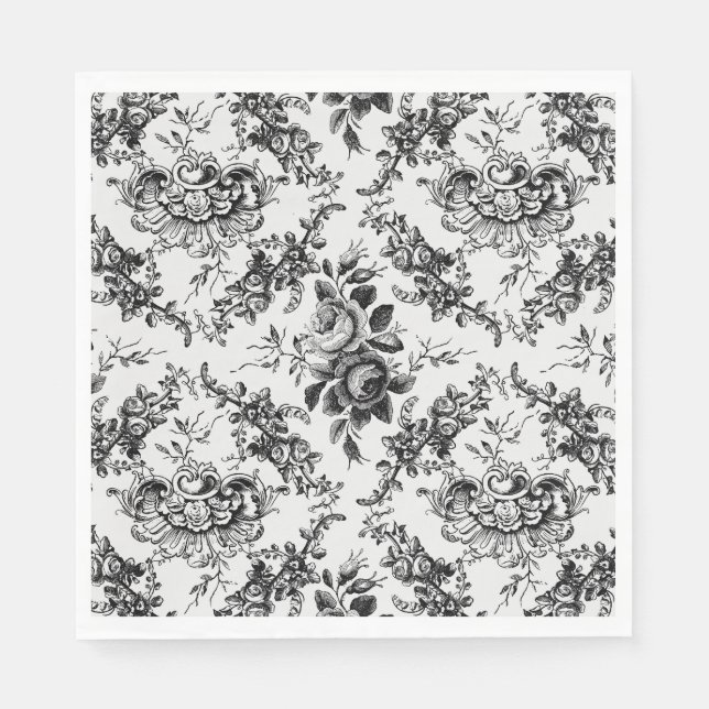 Elegant Engraved French Black Floral Toile Napkin (Front)