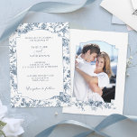 Elegant Engraved French Blue Floral Toile Invitation<br><div class="desc">Elegant and ornate vintage blue and white toile de jouy pattern featuring exotic flowers, vines and foliage intertwined with garlands and baskets of roses. Includes a sculpted blank label with formal text graphics in a custom script font as well as editable text fields. The back features a custom sculpted photo...</div>