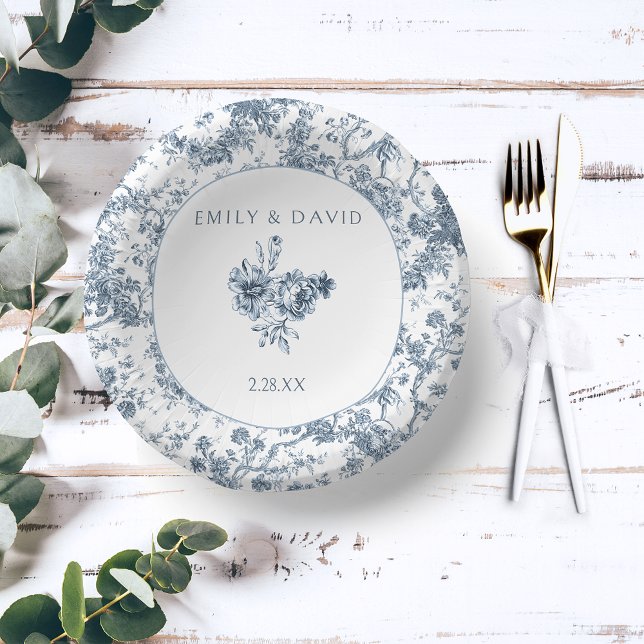Elegant Engraved French Blue Floral Toile Paper Plate (Creator Uploaded)