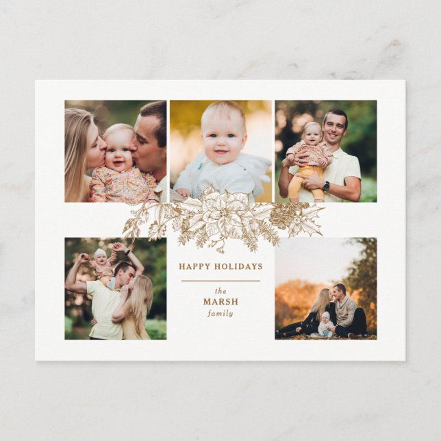 Elegant Engraved Gold Christmas Floral 5-Photo Holiday Postcard (Front)