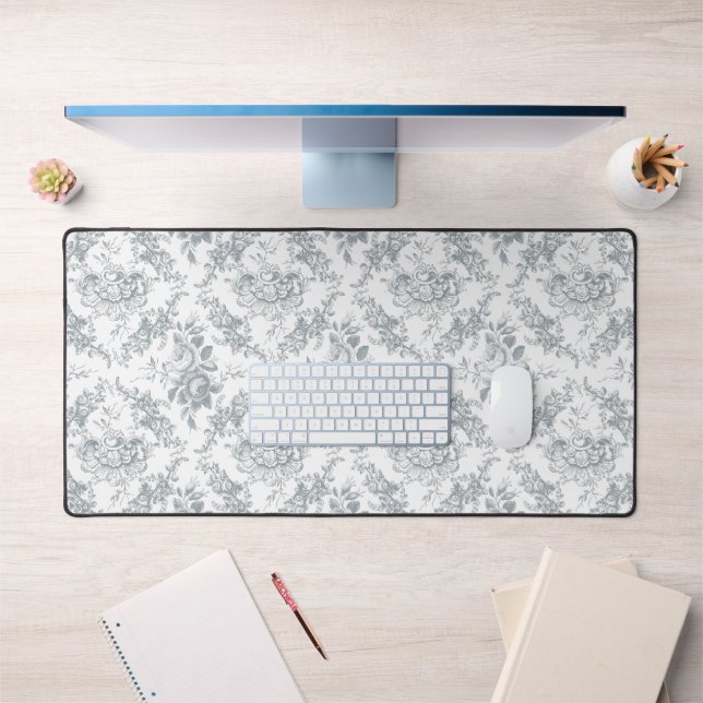 Elegant Engraved Grey and White Floral Toile Desk Mat (Office 1)