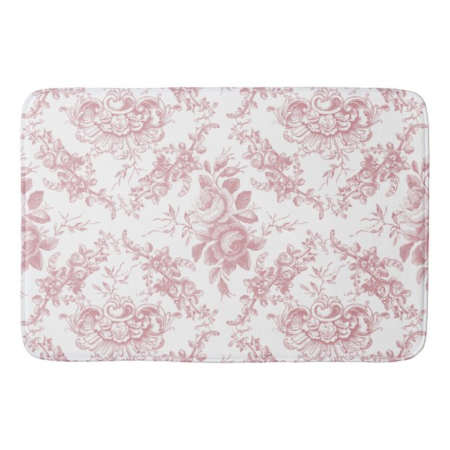 Elegant Engraved Pink and White Floral Toile Bath Mat (Front)