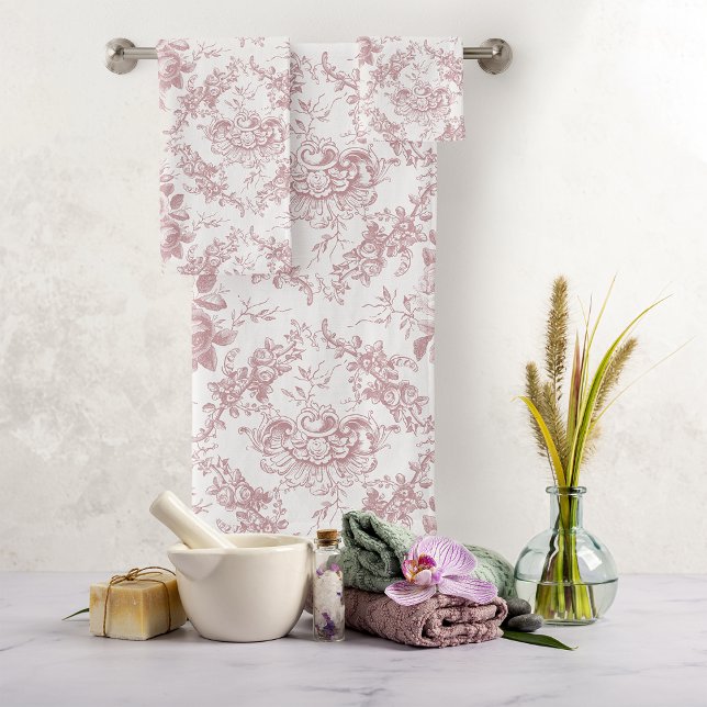 Elegant Engraved Pink and White Floral Toile Bath Towel Set (Creator Uploaded)