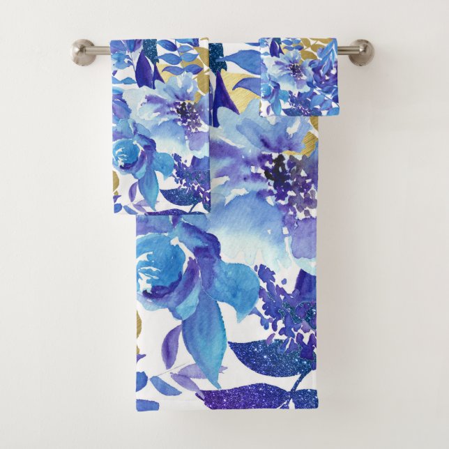 Élégant ensemble de serviettes de bain Floral Bleu (En situation)