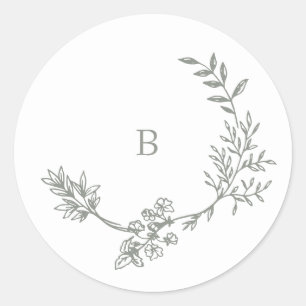 Elegant Envelope Sage Green Floral Monogram Wreath Classic Round Sticker