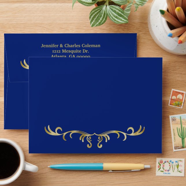 Élégant Enveloppe Formal Blue & Gold Invitation (Desk)