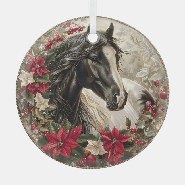 Elegant Equestrian Christmas  Glass Ornament (Front)