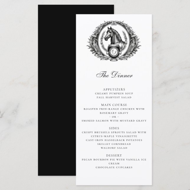 Elegant Equestrian Horse Monogram Crest Wedding Menu (Front/Back)