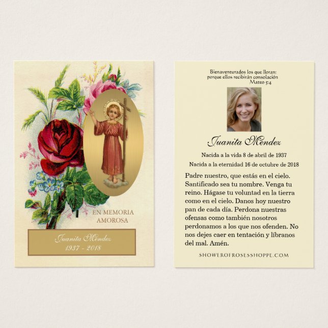 Elégant Espagnol Jésus Roses Carte de prière relig (Devant & derrière)