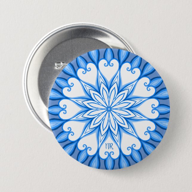 Elegant Esthetic White & Blue Mandala Monogrammed 3 Inch Round Button (Front & Back)