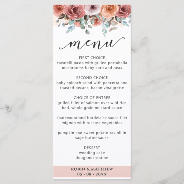 Elegant Ethereal Blush PeachFloral Wedding Menu (Front)