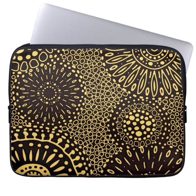 Elegant Ethnic Floral Black Gold Laptop Sleeve (Front)