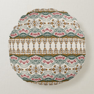 Elegant Ethnic Floral Boho Border Round Pillow