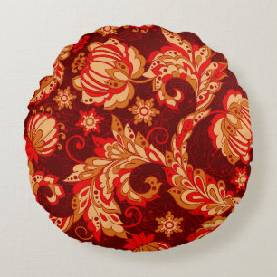 Elegant Ethnic Flowers Seamless Pattern Round Pillow