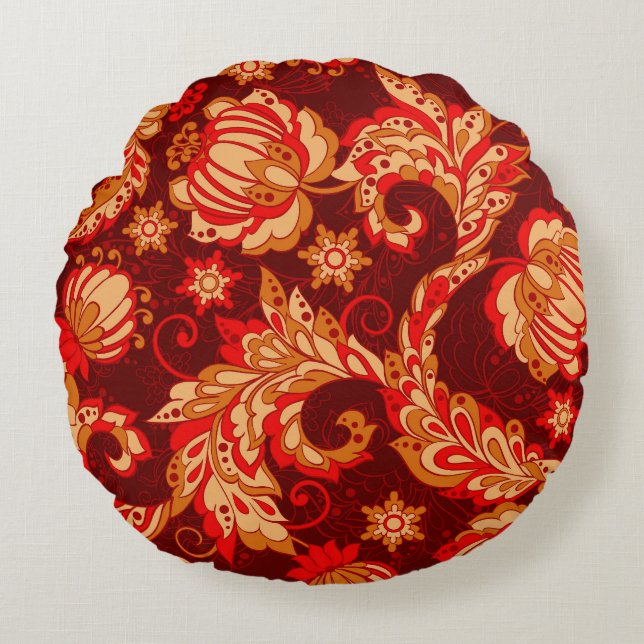 Elegant Ethnic Flowers Seamless Pattern Round Pillow (Front)