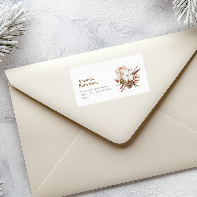 Élégant Étiquette de Noël avec Bouquet de coton (Créateur téléchargé)