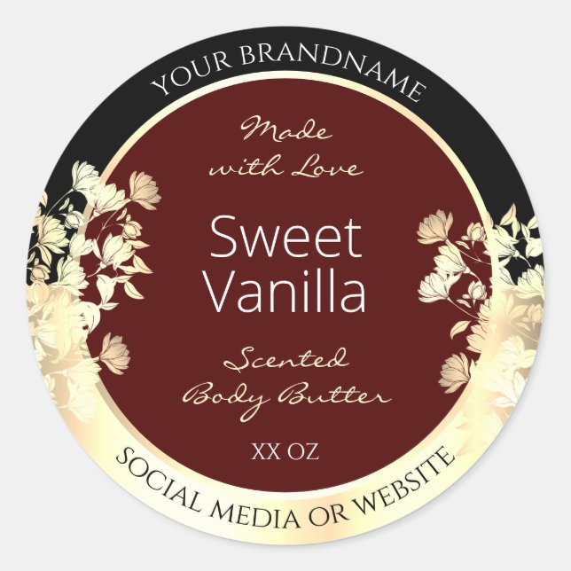 Élégant Étiquette de produit Bourgogne Floral Gold (Devant)