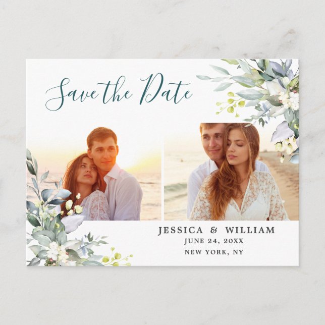 Elegant Eucalyptus 2 PHOTO Wedding Save the Date Postcard (Front)