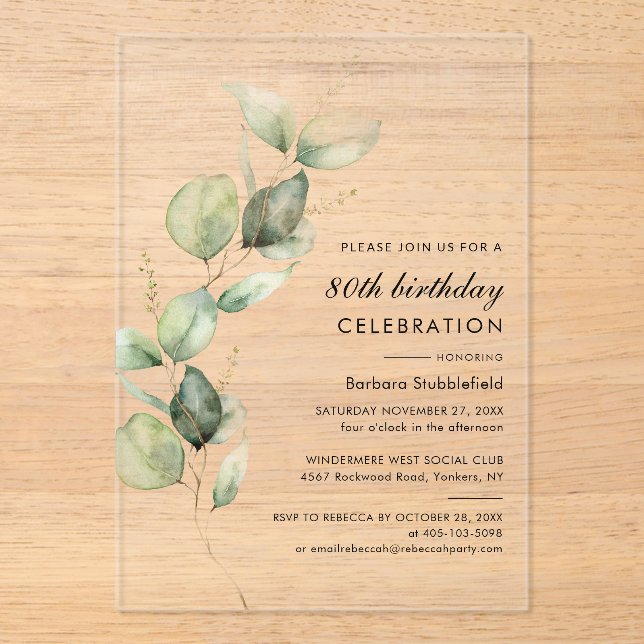  Elegant Eucalyptus 80th Birthday Party Acrylic Invitations (Front)