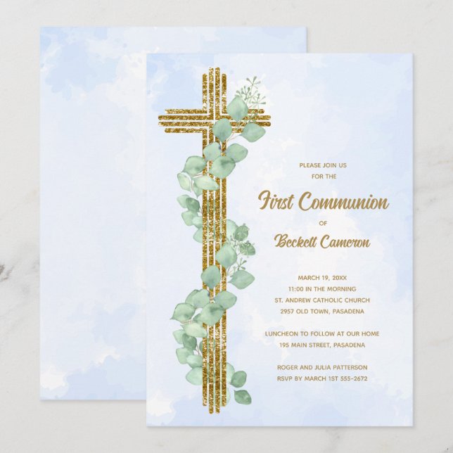 Elegant Eucalyptus and Cross Blue First Communion Invitation (Front/Back)
