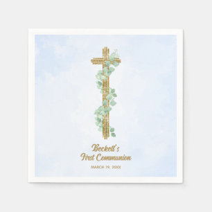Elegant Eucalyptus and Cross Blue First Communion Napkin