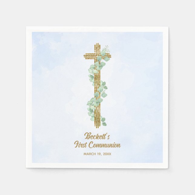 Elegant Eucalyptus and Cross Blue First Communion Napkin (Front)