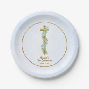 Elegant Eucalyptus and Cross Blue First Communion Paper Plate