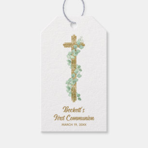 Elegant Eucalyptus and Cross First Communion Gift Tags