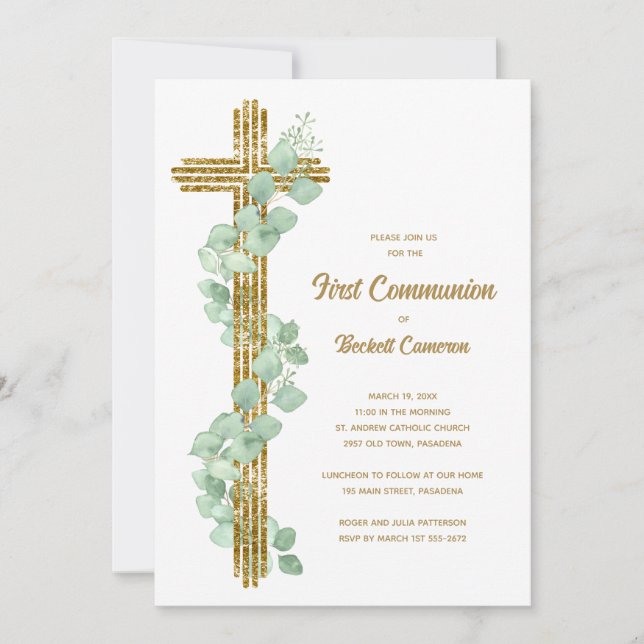 Elegant Eucalyptus and Cross First Communion Invitation (Front)