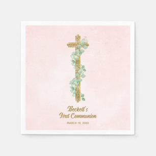 Elegant Eucalyptus and Cross Pink First Communion Napkin