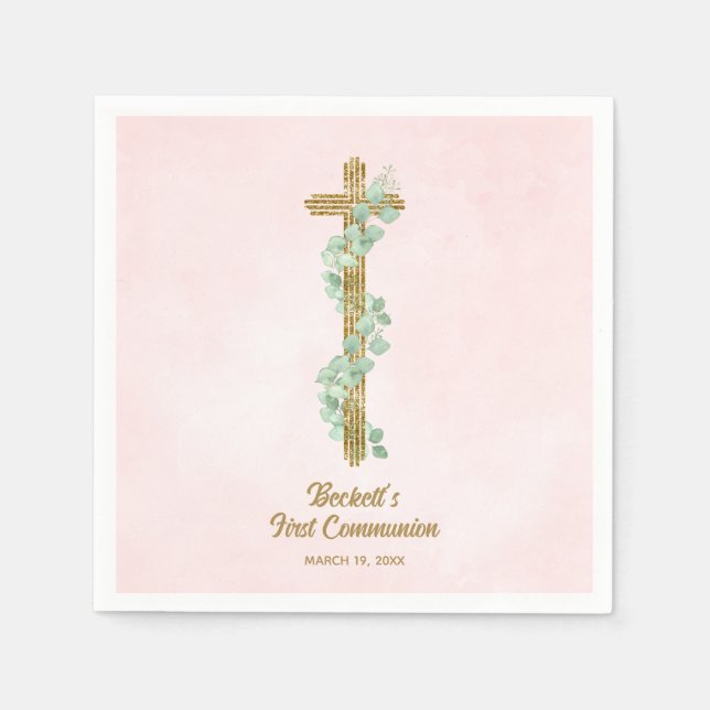 Elegant Eucalyptus and Cross Pink First Communion Napkin (Front)