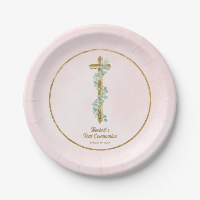 Elegant Eucalyptus and Cross Pink First Communion Paper Plate (Front)