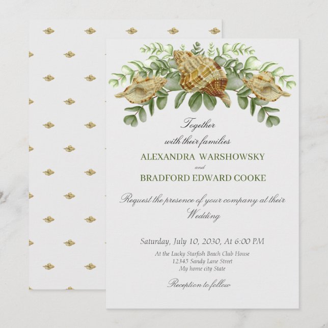 Elegant Eucalyptus and Seashell Wedding Invitation (Front/Back)