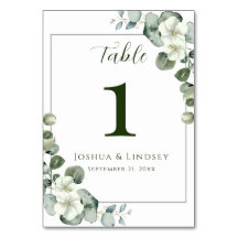 Elegant Eucalyptus and White Blossom Table Number