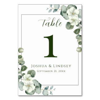 Elegant Eucalyptus and White Blossom Table Number