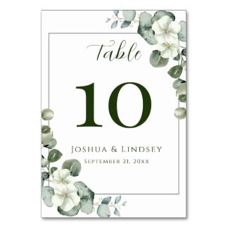 Elegant Eucalyptus and White Blossom Table Number
