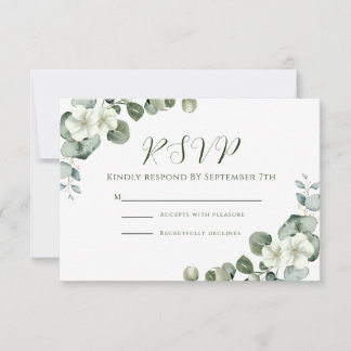 Elegant Eucalyptus and White Blossom Wedding RSVP Card