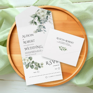 Elegant eucalyptus and white flowers wedding all in one invitation