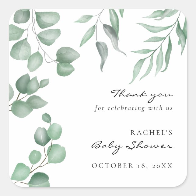 Elegant Eucalyptus Baby Shower Greenery Foliage Square Sticker (Front)