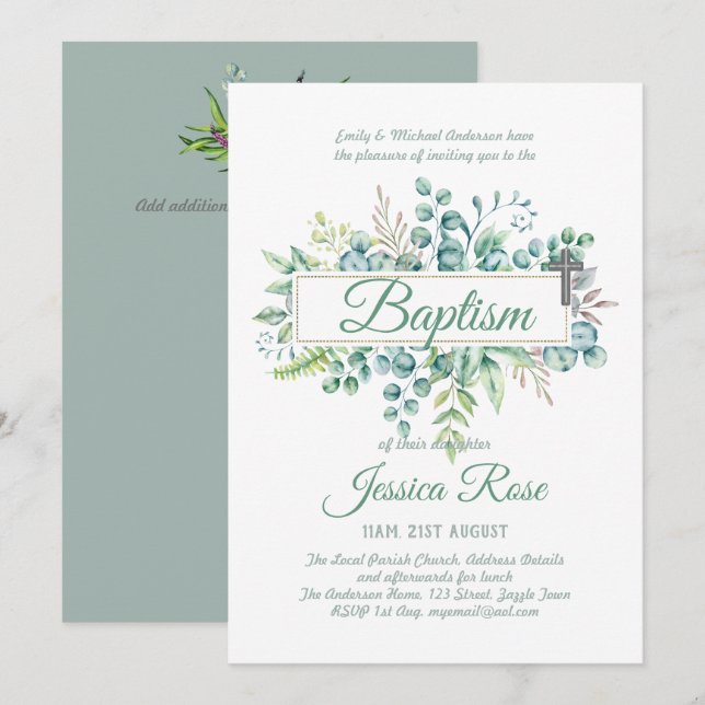 Elegant Eucalyptus Baptism Christening Greenery Invitation (Front/Back)