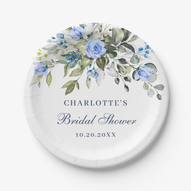 Elegant Eucalyptus Blue Floral Roses Bridal Shower Paper Plate (Front)