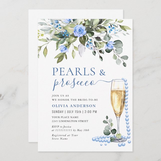 Elegant Eucalyptus Blue Flowers PEARLS & Prosecco Invitation (Front/Back)