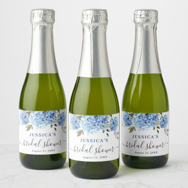 Elegant Eucalyptus Blue Hydrangea Bridal Shower Sparkling Wine Label (Bottles)