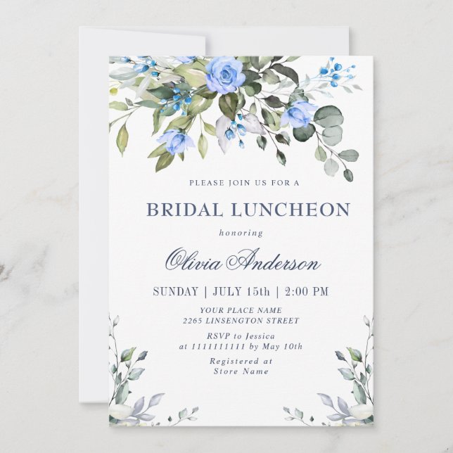 Elegant Eucalyptus Blue Roses BRIDAL LUNCHEON Invitation (Front)