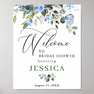 Elegant Eucalyptus Blue Roses Bridal Shower Poster