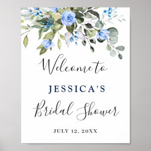 Elegant Eucalyptus Blue Roses Bridal Shower Poster