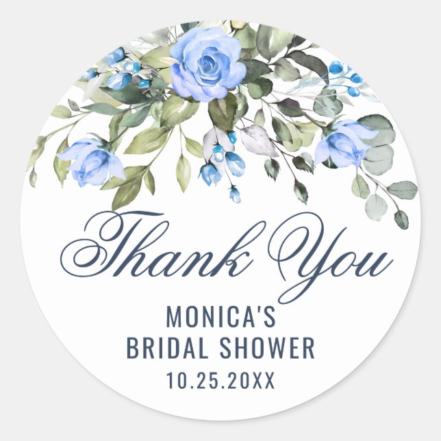 Elegant Eucalyptus Blue Roses Floral Thank You Classic Round Sticker (Front)