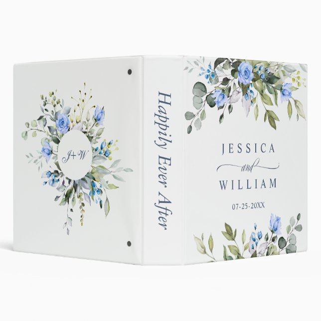 Elegant Eucalyptus Blue Roses Floral Wedding Binder (Background)
